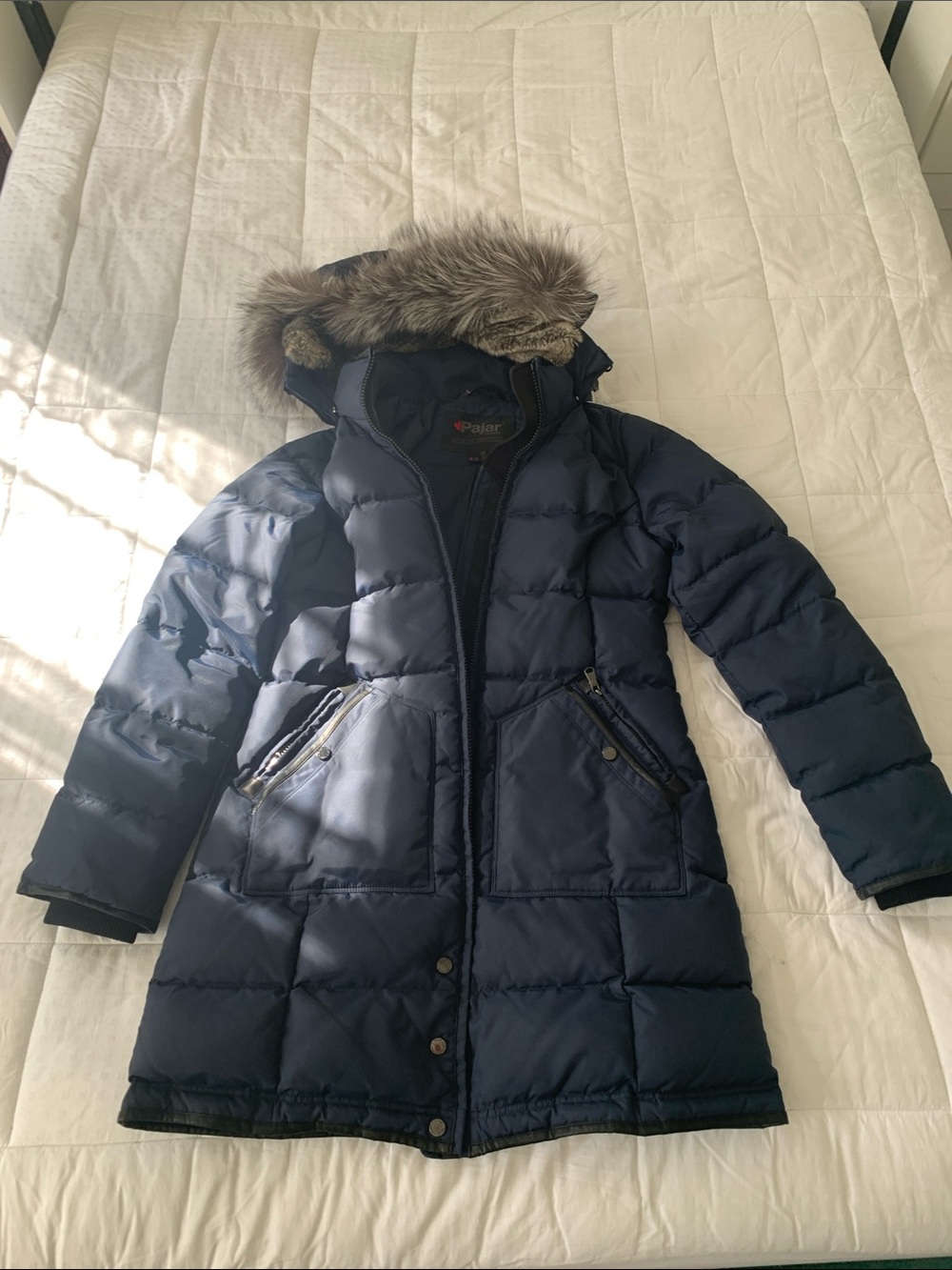 Pajar Navy Long Down Puffer Coat with Faux Fur Trim Hood